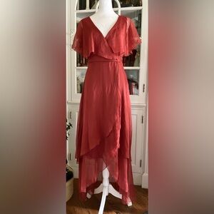Marsala Brick Red Asymmetrical High Low Flutter Sleeve Dress